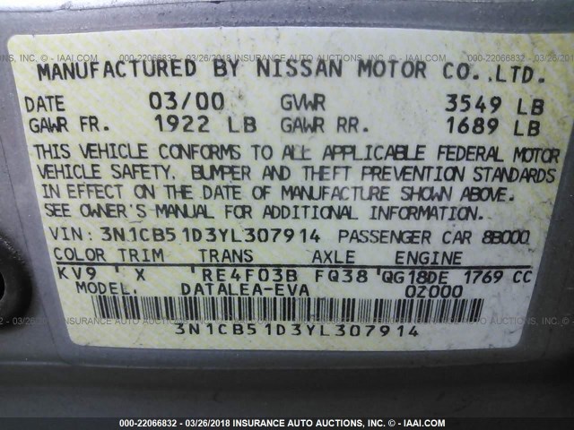 3N1CB51D3YL307914 - 2000 NISSAN SENTRA XE/GXE GRAY photo 9