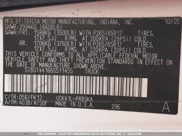 5TBDT44166S511455 - 2006 TOYOTA TUNDRA DOUBLE CAB SR5 WHITE photo 9