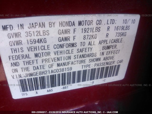 JHMGE8H21AC038159 - 2010 HONDA FIT RED photo 9