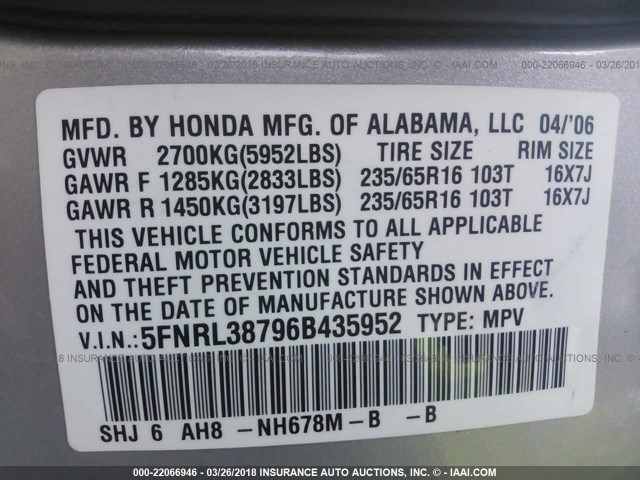 5FNRL38796B435952 - 2006 HONDA ODYSSEY EXL SILVER photo 9