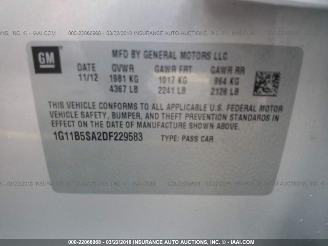 1G11B5SA2DF229583 - 2013 CHEVROLET MALIBU LS 银色 照片 9