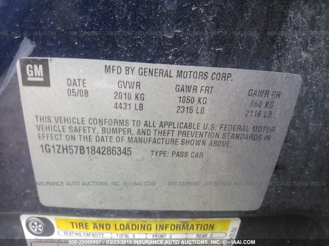 1G1ZH57B184286345 - 2008 CHEVROLET MALIBU 1LT 蓝色 照片 9