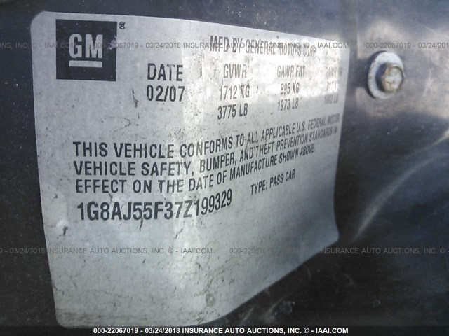 1G8AJ55F37Z199329 - 2007 SATURN ION LEVEL 2 BLUE photo 9