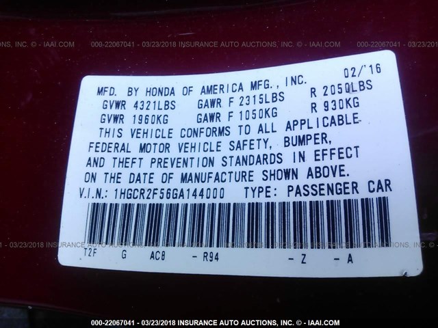 1HGCR2F56GA144000 - 2016 HONDA ACCORD SPORT 红色 照片 9