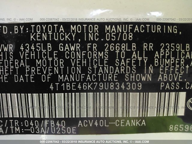 4T1BE46K79U834309 - 2009 TOYOTA CAMRY SE/LE/XLE WHITE photo 9