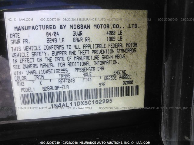 1N4AL11DX5C162295 - 2005 NISSAN ALTIMA S/SL BLACK photo 9