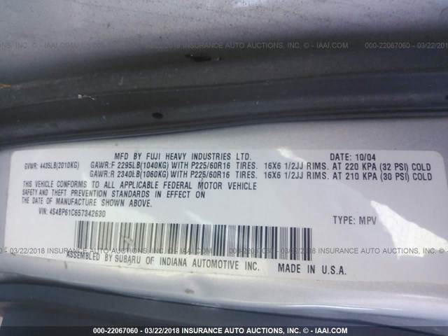 4S4BP61C657342630 - 2005 SUBARU LEGACY OUTBACK 2.5I GRAY photo 9