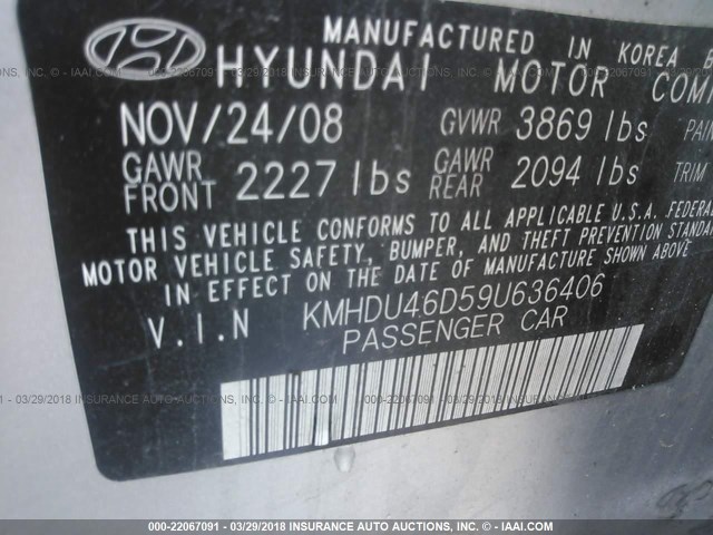 KMHDU46D59U636406 - 2009 HYUNDAI ELANTRA GLS/SE SILVER photo 9