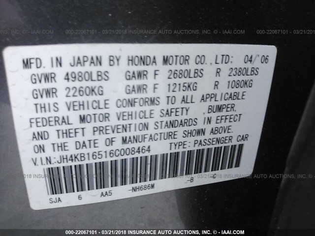 JH4KB16516C008464 - 2006 ACURA RL ნაცრისფერი ფოტო 9