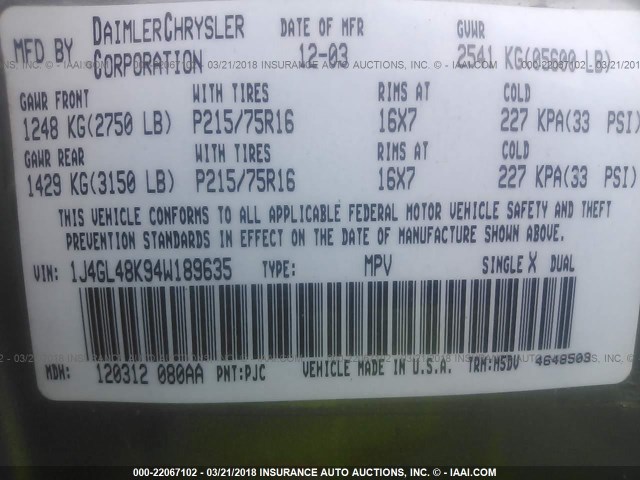 1J4GL48K94W189635 - 2004 JEEP LIBERTY SPORT 绿色 照片 9