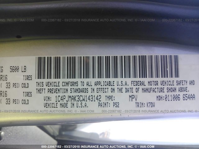 1C4PJMAK3CW143142 - 2012 JEEP LIBERTY SPORT 银色 照片 9