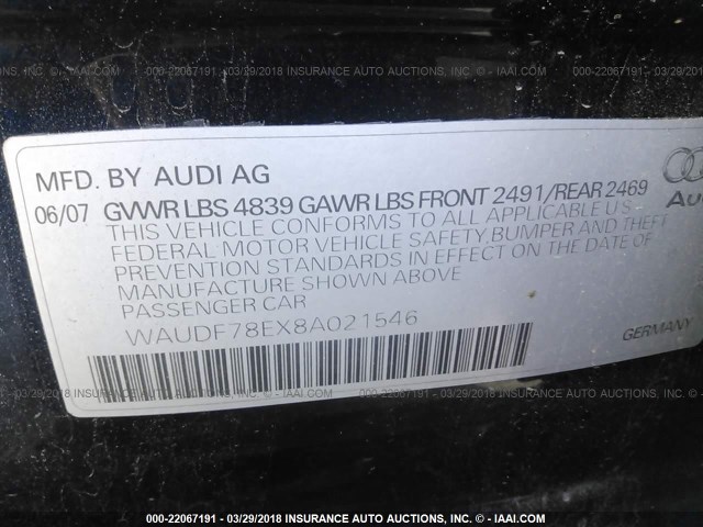 WAUDF78EX8A021546 - 2008 AUDI A4 2.0T QUATTRO Dark Blue photo 9