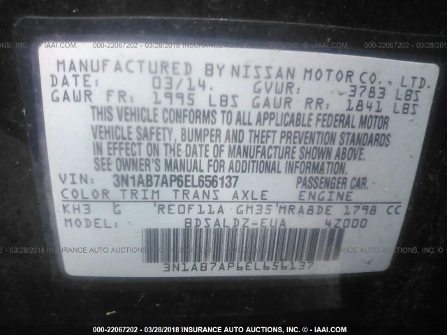 3N1AB7AP6EL656137 - 2014 NISSAN SENTRA S/SV/SR/SL BLACK photo 9