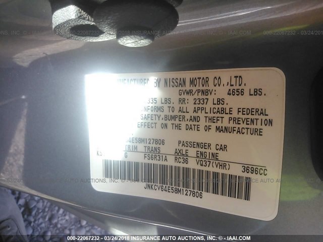 JNKCV64E58M127806 - 2008 INFINITI G37 JOURNEY/SPORT GRAY photo 9