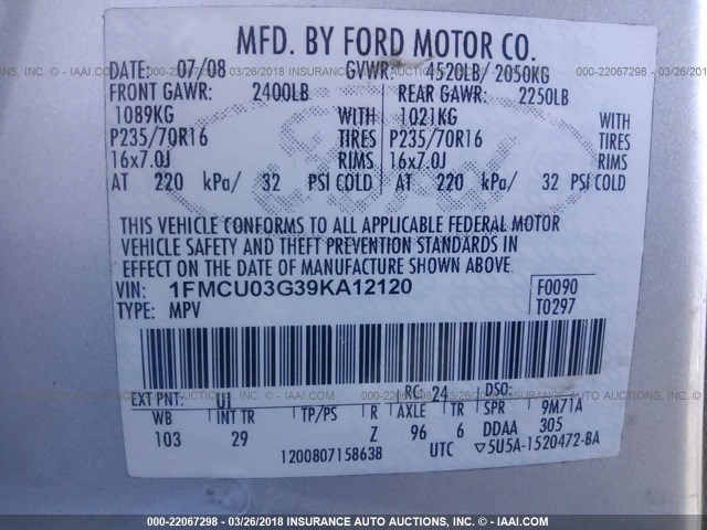 1FMCU03G39KA12120 - 2009 FORD ESCAPE XLT SILVER photo 9