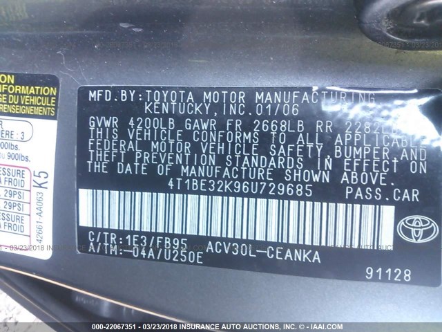 4T1BE32K96U729685 - 2006 TOYOTA CAMRY LE/XLE/SE GRAY photo 9