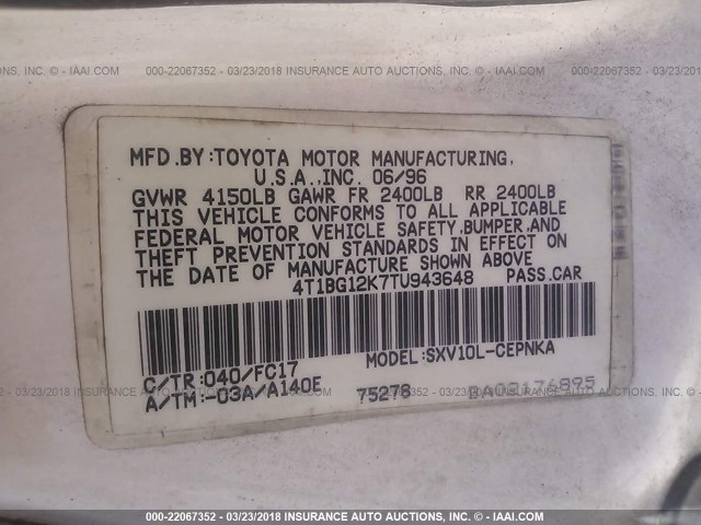 4T1BG12K7TU943648 - 1996 TOYOTA CAMRY DX/LE/XLE WHITE photo 9