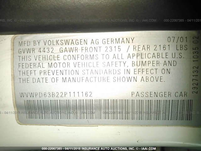 WVWPD63B22P111162 - 2002 VOLKSWAGEN PASSAT GLS WHITE photo 9