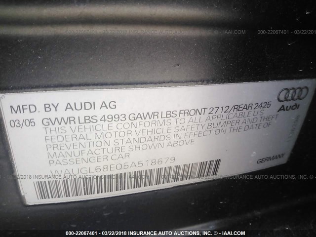 WAUGL68E05A518679 - 2005 AUDI NEW S4 QUATTRO BLACK photo 9