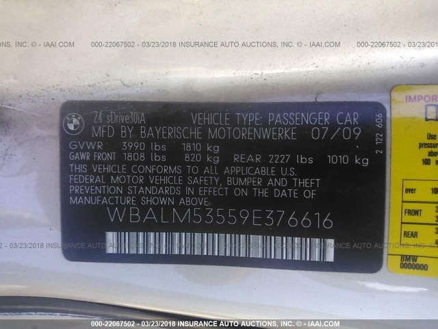 WBALM53559E376616 - 2009 BMW Z4 SDRIVE30I Ոսկեգույն լուսանկար 9