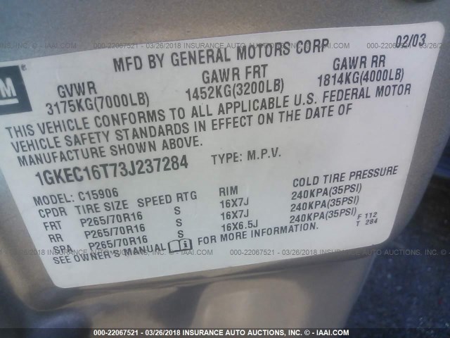 1GKEC16T73J237284 - 2003 GMC YUKON XL C1500 TAN photo 9