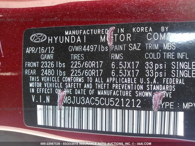 KM8JU3AC5CU521212 - 2012 HYUNDAI TUCSON GLS/LIMITED წითელი ფოტო 9