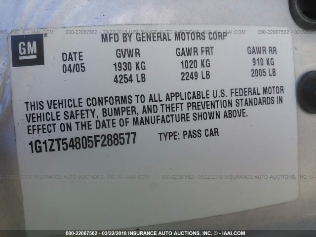 1G1ZT54805F288577 - 2005 CHEVROLET MALIBU LS 银色 照片 9