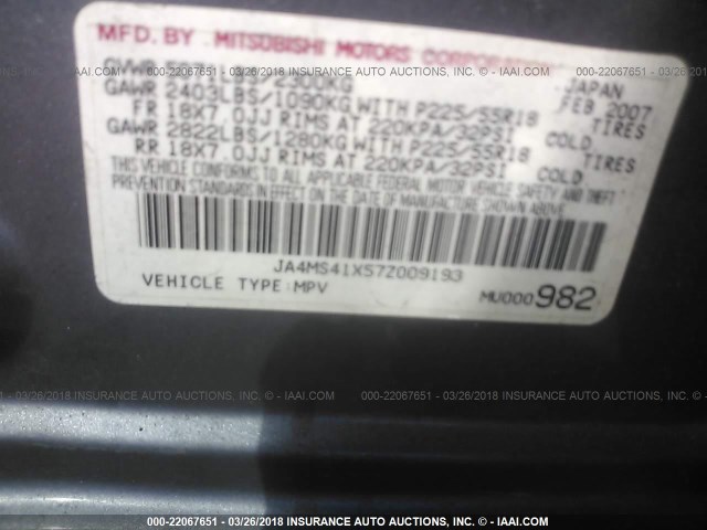 JA4MS41X57Z009193 - 2007 MITSUBISHI OUTLANDER XLS GRAY photo 9