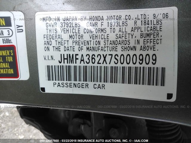 JHMFA362X7S000909 - 2007 HONDA CIVIC HYBRID 灰色 照片 9