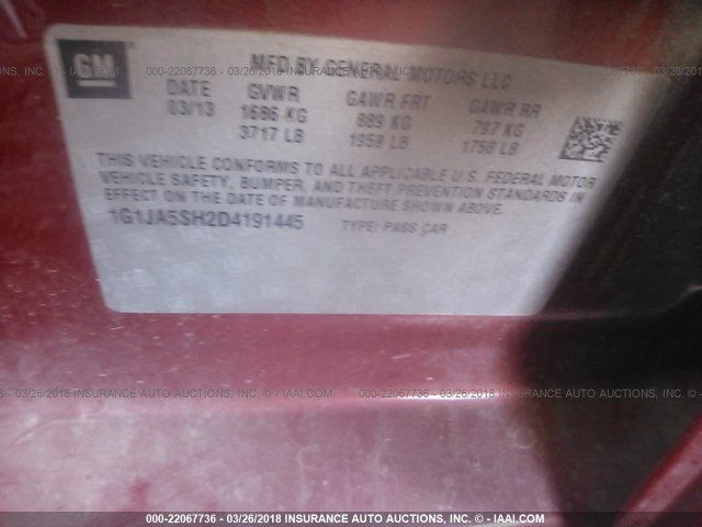 1G1JA5SH2D4191445 - 2013 CHEVROLET SONIC LS 红色 照片 9