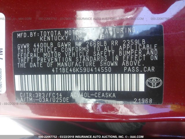 4T1BE46K59U414550 - 2009 TOYOTA CAMRY SE/LE/XLE RED photo 9