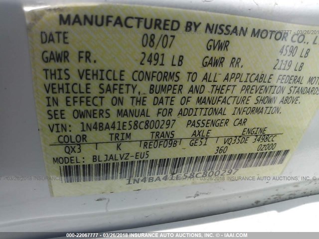 1N4BA41E58C800297 - 2008 NISSAN MAXIMA SE/SL WHITE photo 9