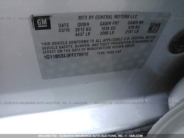 1G11B5SL0FF278916 - 2015 CHEVROLET MALIBU LS ვერცხლისფერი ფოტო 9