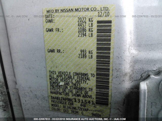 1N4BL2AP9BC131541 - 2011 NISSAN ALTIMA SR WHITE photo 9