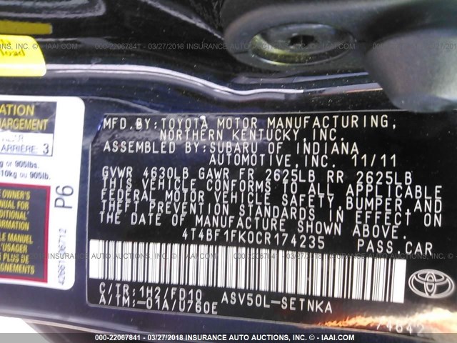 4T4BF1FK0CR174235 - 2012 TOYOTA CAMRY SE/LE/XLE Navy photo 9