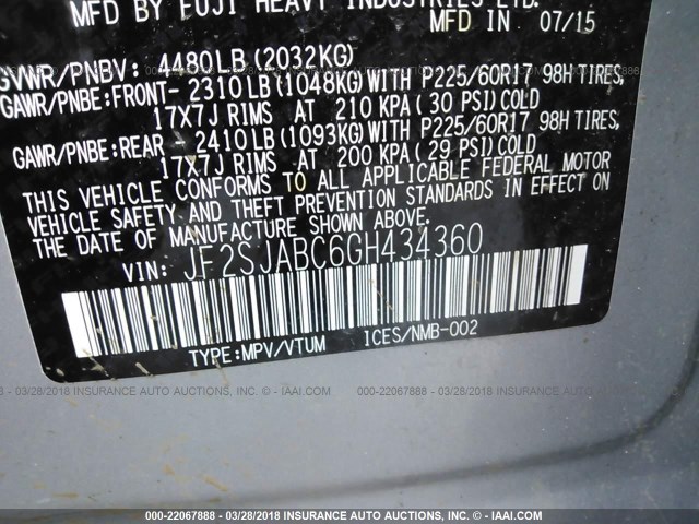 JF2SJABC6GH434360 - 2016 SUBARU FORESTER 2.5I SILVER photo 9