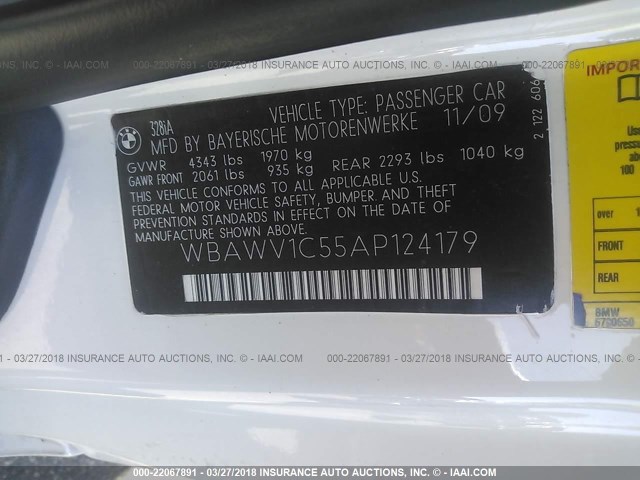 WBAWV1C55AP124179 - 2010 BMW 328 I SULEV WHITE photo 9