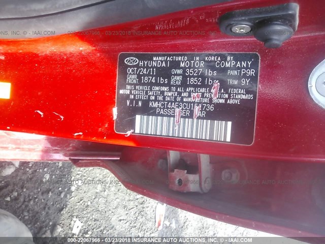 KMHCT4AE3CU151736 - 2012 HYUNDAI ACCENT GLS/GS RED photo 9