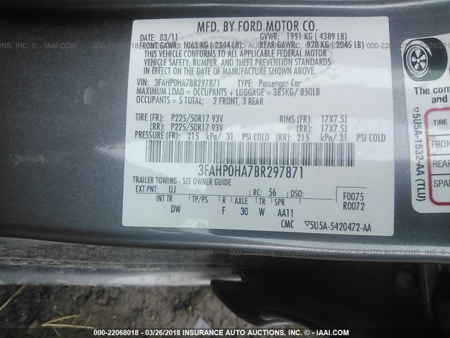 3FAHP0HA7BR297871 - 2011 FORD FUSION SE GRAY photo 9