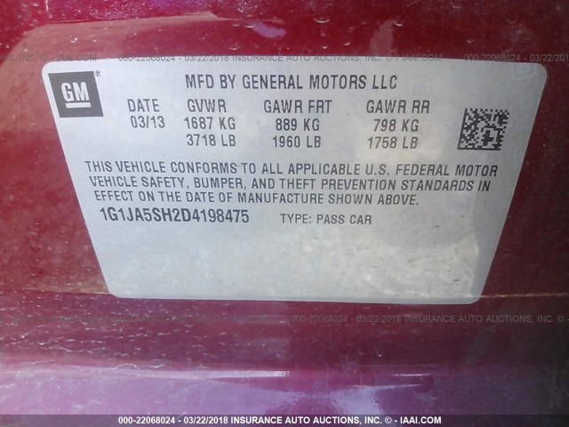 1G1JA5SH2D4198475 - 2013 CHEVROLET SONIC LS RED photo 9