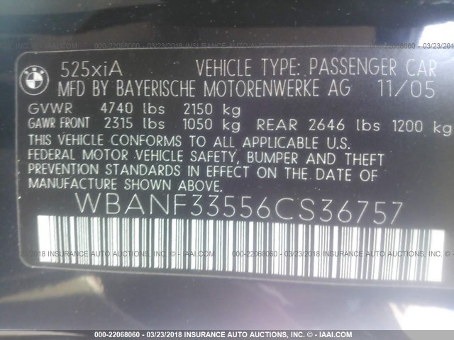 WBANF33556CS36757 - 2006 BMW 525 XI BLUE photo 9