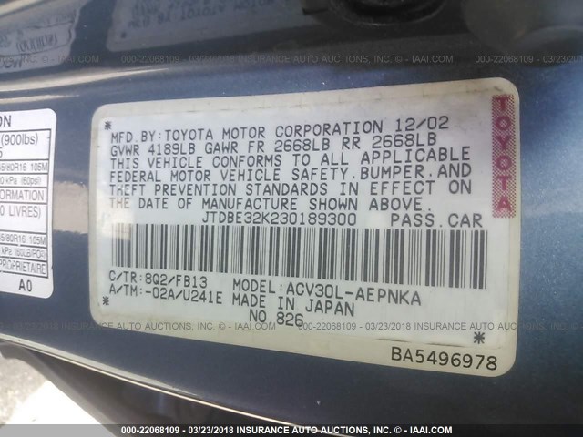 JTDBE32K230189300 - 2003 TOYOTA CAMRY LE/XLE Hellblau Foto 9