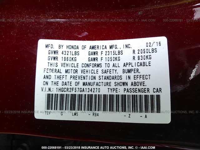 1HGCR2F57GA134270 - 2016 HONDA ACCORD SPORT წითელი ფოტო 9