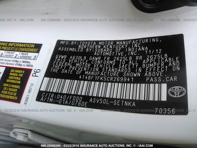 4T4BF1FK5CR269941 - 2012 TOYOTA CAMRY SE/LE/XLE 白色 照片 9