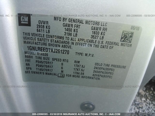 1GNLREED7AJ261270 - 2010 CHEVROLET TRAVERSE LS SILVER photo 9