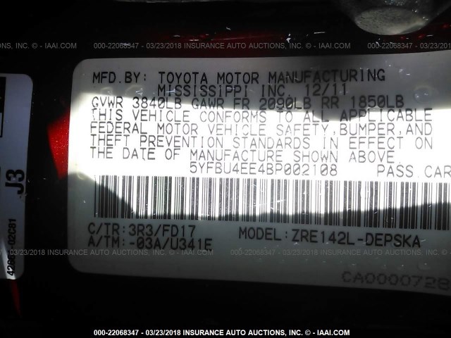 5YFBU4EE4BP002108 - 2011 TOYOTA COROLLA S/LE RED photo 9