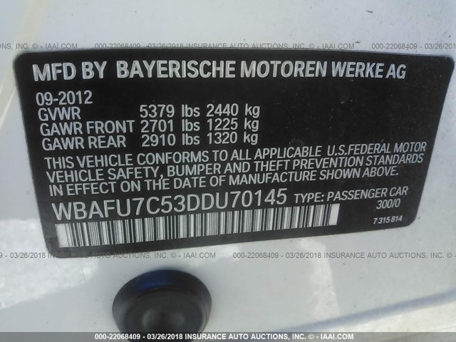 WBAFU7C53DDU70145 - 2013 BMW 535 XI WHITE photo 9