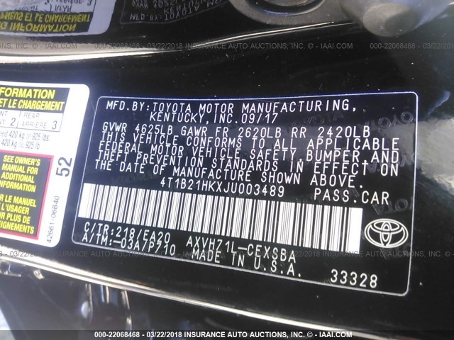 4T1B21HKXJU003489 - 2018 TOYOTA CAMRY HYBRID/LE/XLE/SE BLACK photo 9