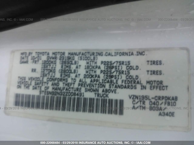 5TESN92N32Z008491 - 2002 TOYOTA TACOMA XTRACAB PRERUNNER თეთრი ფოტო 9