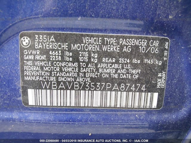 WBAVB73537PA87474 - 2007 BMW 335 I BLUE photo 9